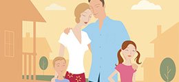 an illustration of a family embracing outside of their home