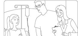 a drawing of a girl in a hospital bed surrounded by her parents