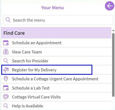 Cottage MyChart Register for My Delivery example