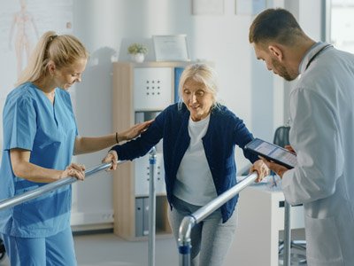 Neuro team helping a woman with rehabilitation