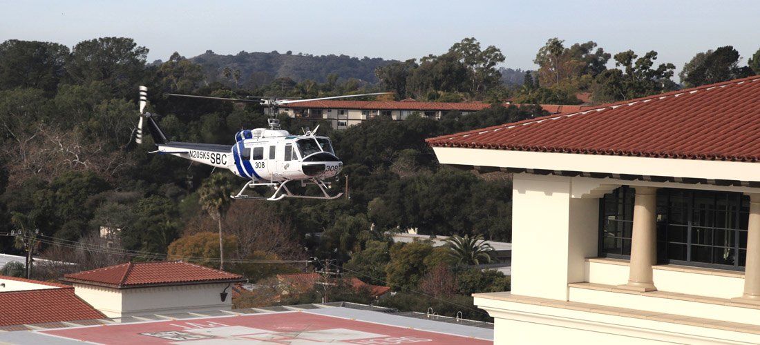 Helicopter landing on the helipad at Santa Barbara Cottage Hospital