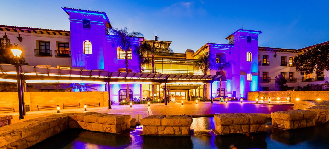 Front of Santa Barbara Cottage Hospital lit up at night