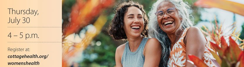 smiling women and event information text 'Thursday, July 30 4-5pm